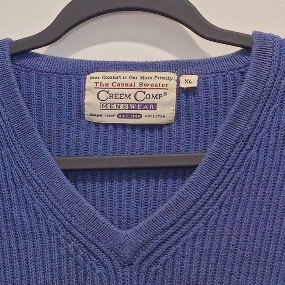 Vintage Creem Comp Menswear Blue Knit V-Neck Sweater XL